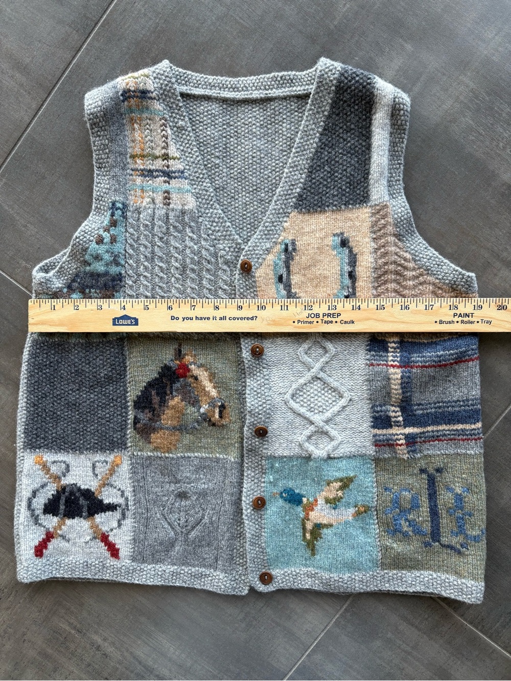 RARE Vintage Lauren Ralph Lauren Hand Knit Patchwork Equestrian Wool Vest - Picture 9 of 10